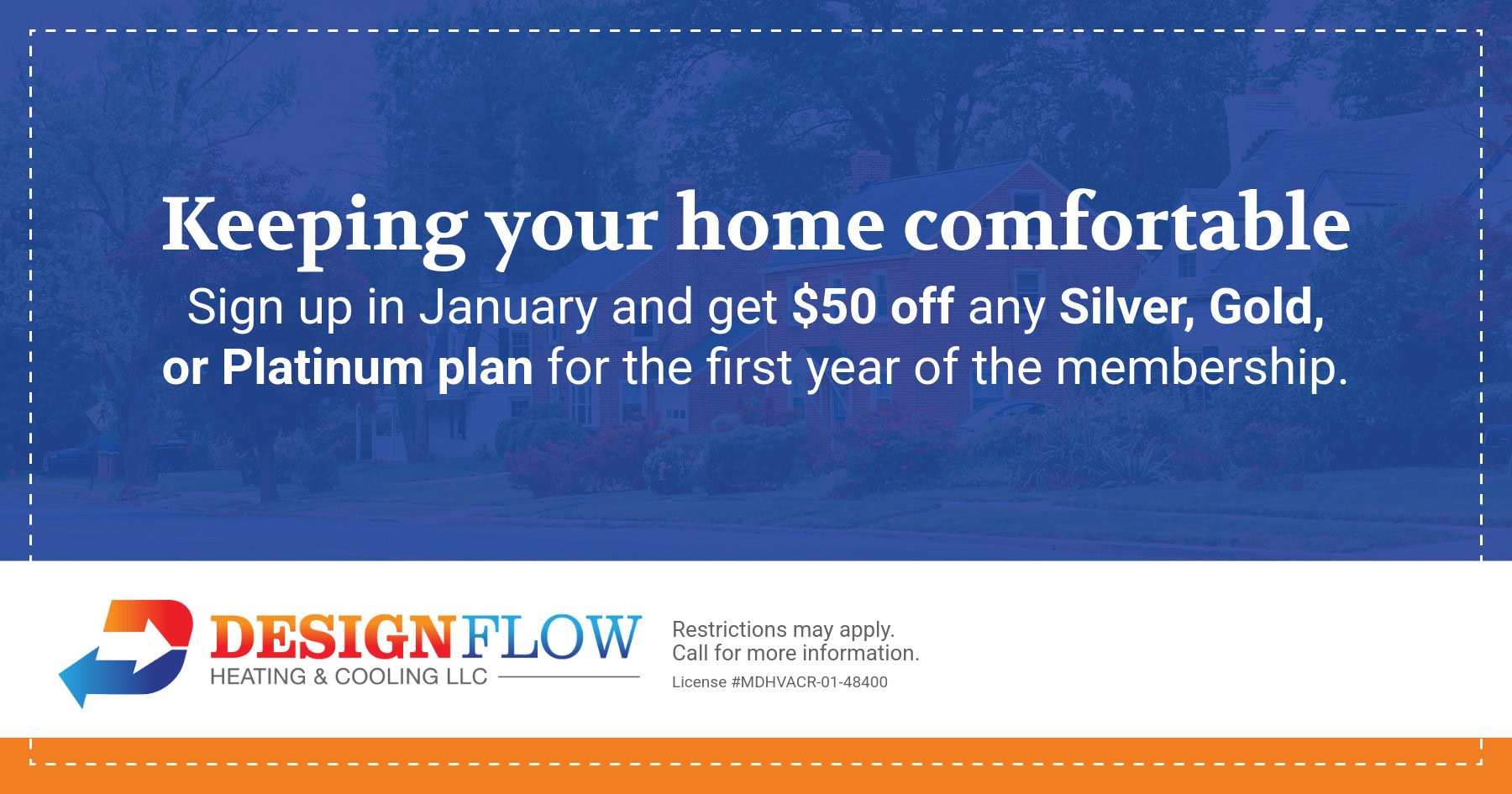 Get $50 off any silver, gold, or platinum plan for the first year of membership when you sign up in January. Restrictions may apply. Call for more information.